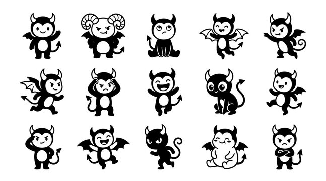 Set of fifteen cute devil character black and white of little demons with horns, wings, and tails collection