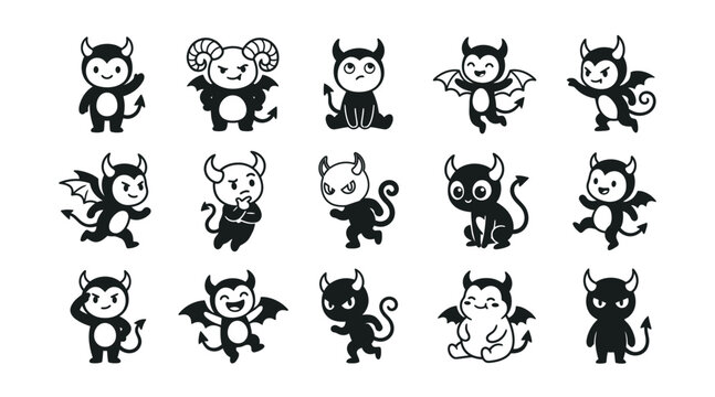 Set of fifteen cute cartoon devil characters, black and white with various poses, expressions, and horns for halloween themes