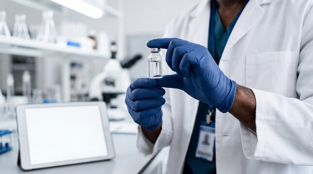 Scientist holding vaccine vial in lab with tablet and microscope background medical research and pharmaceutical development