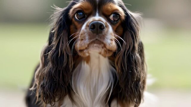 Cavalier King Charles Spaniel dog with flowing ears during outdoor natural light movement with shallow depth of field