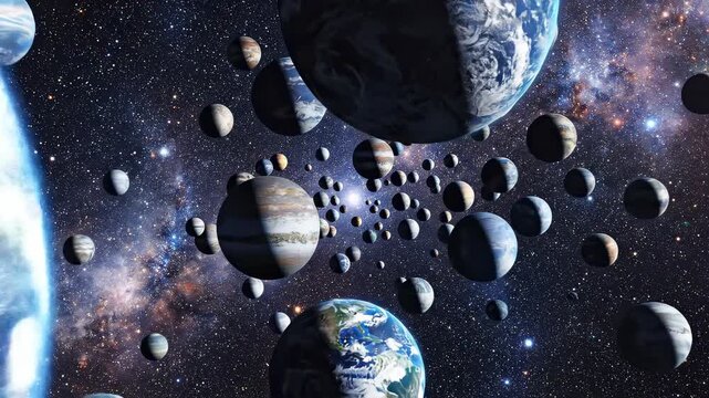 Celestial bodies floating in deep space with nebulae and stars