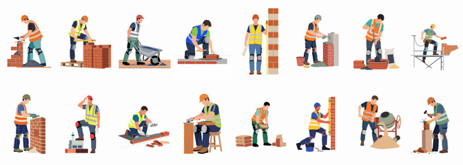 Fototapeta premium Vector illustration set of diverse construction workers and bricklayers in safety gear performing various masonry and building tasks on a white background.