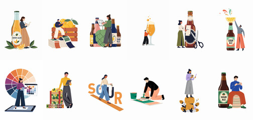 Fototapeta premium A collection of flat vector illustrations depicting people engaged in various craft beer production, branding, and tasting activities with large bottles and ingredients.