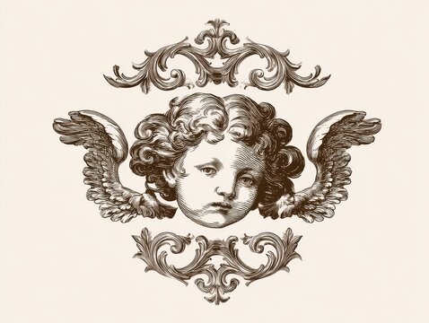 Vintage engraving of a cherub angel head with decorative flourishes