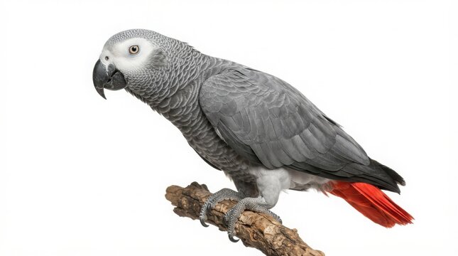 African Grey Parrot perched on branch, exotic bird with grey feathers and red tail, tropical wildlife animal on white background