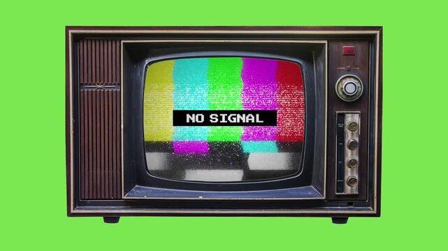Retro television displaying 'NO SIGNAL' on a test pattern, isolated on a green screen background, symbolizing transmission issues or older technology
