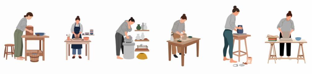 Fototapeta premium Collection of flat illustrations depicting a female ceramic artist at various stages of the pottery making process in her home studio workshop.