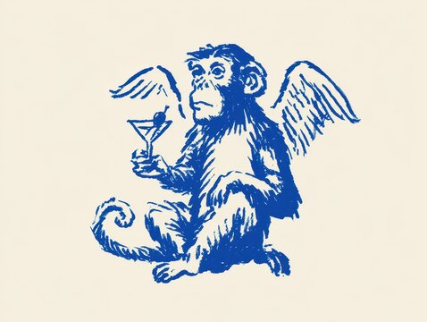 Vintage style illustration of a winged monkey holding a martini glass