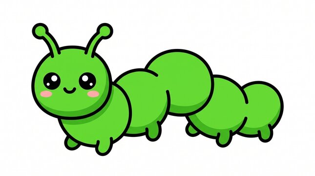 Cute cartoon caterpillar with bright green skin and large shiny eyes displayed as a simple vector illustration on white background