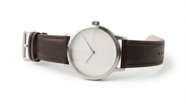 Minimalist silver wristwatch with brown leather strap, elegant analog watch on white background, classic men's timepiece