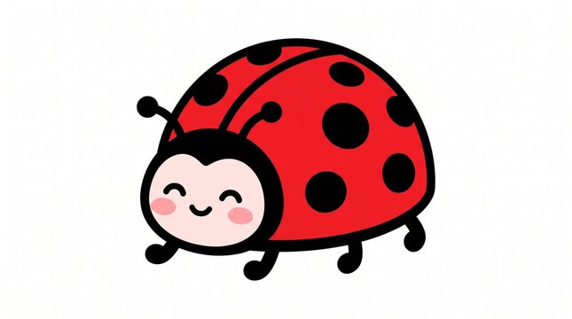 Cute cartoon ladybug with bright red shell and black spots designed in a simple flat vector style on white background