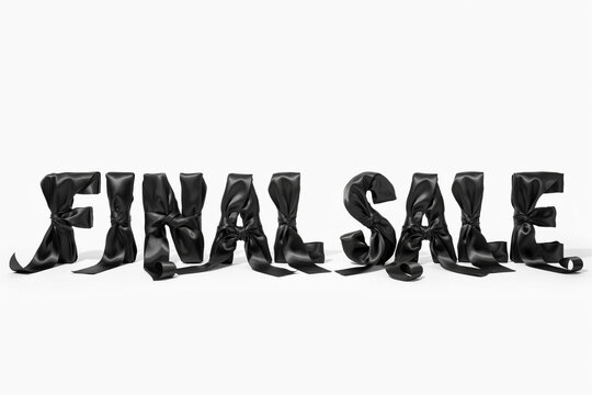Black satin ribbons intricately arranged and tied to form the distinct uppercase words FINAL SALE a visually engaging and elegant representation of retail discounts and special pricing promotions