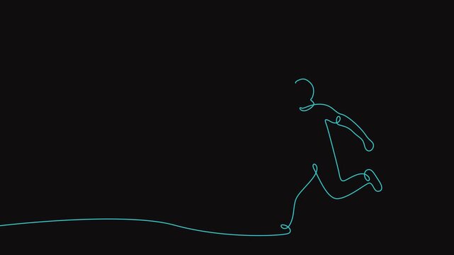 Continuous line art animation of a running man holding balloons on a dark background