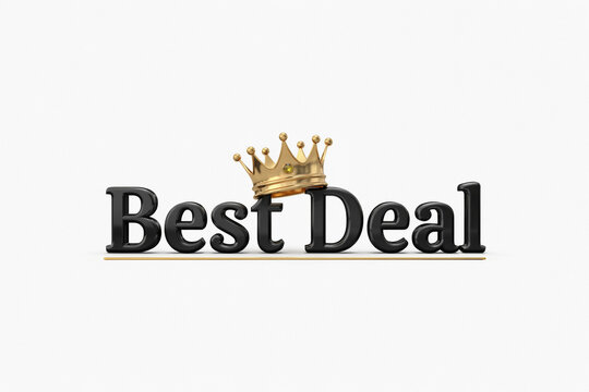 Best Deal 3D text with golden crown, premium retail offer typography, luxury shopping promotion banner, black and gold marketing graphic