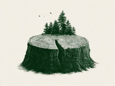 Surreal illustration of a forest growing on a large tree stump