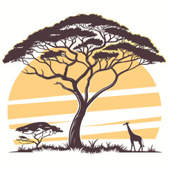 Stylized African Safari Scene with Giraffe and Acacia Tree at Sunset