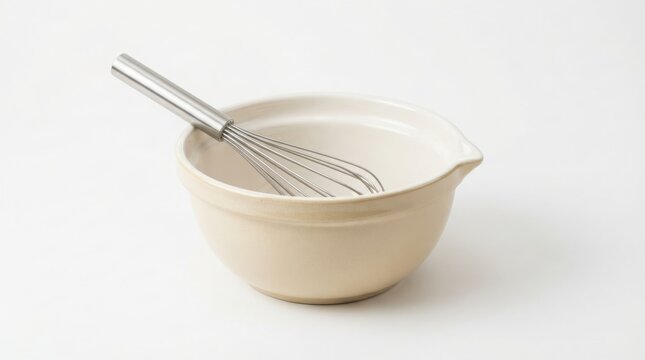 Ceramic mixing bowl with metal whisk, beige stoneware kitchenware on white background, minimalist baking tools for culinary concepts