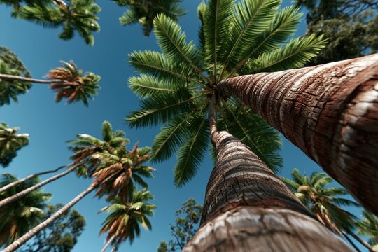 View of tall palm trees reaching towards the blue sky in a sunny environment with green foliage around. International Day for the Preservation of the Ozone Layer