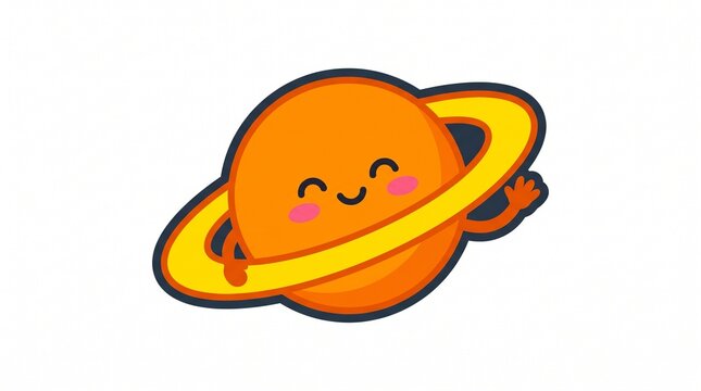 Smiling orange planet saturn with yellow rings waving a friendly hand in cute vector cartoon style isolated on white background