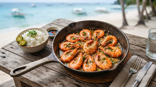 Garlic butter prawns served sizzling in a cast iron skillet with steamed rice and citrus at a tropical beachfront table.