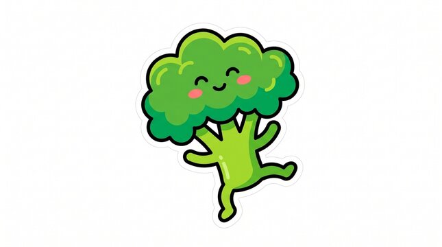 Happy dancing broccoli vegetable character with cute blushing cheeks and vibrant green colors illustrated in a playful sticker style on white background