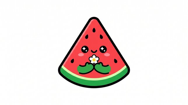 Cute watermelon slice character with happy smiling expression holding a small white flower as a charming graphic design on white background