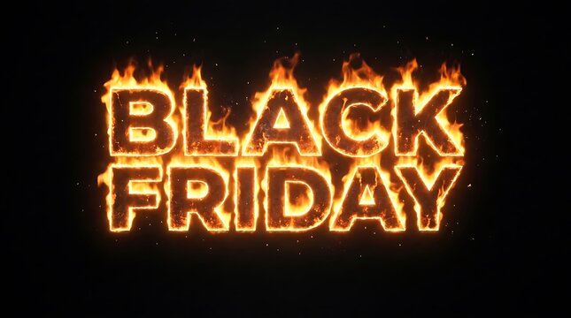 Black friday text with realistic fire flames and sparks on black background