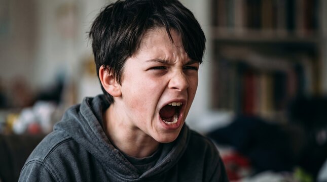 Angry frustrated boy shouting at home, expressing rage, stress and difficulty managing intense emotions