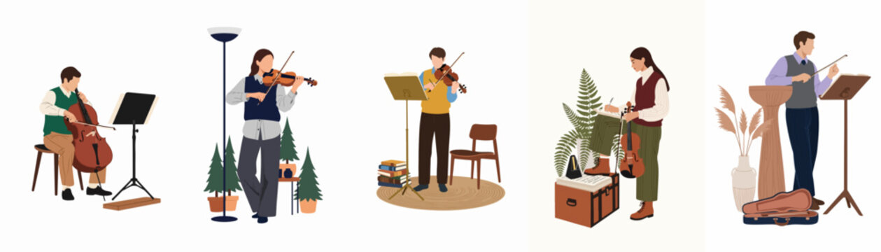 Flat vector illustration set of musicians playing string instruments like violin and cello in different indoor settings.