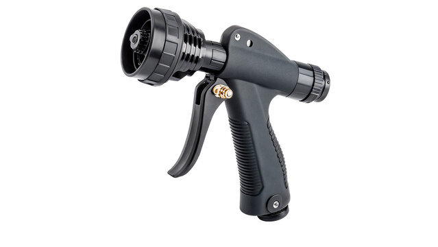 Black industrial plastic high pressure water spray gun garden hose isolated on transparent background