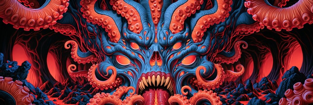 Symmetrical blue and red tentacled monster with a toothy mouth surrounded by curling appendages and dark organic textures panoramic fantasy artwork Theme of cosmic horror