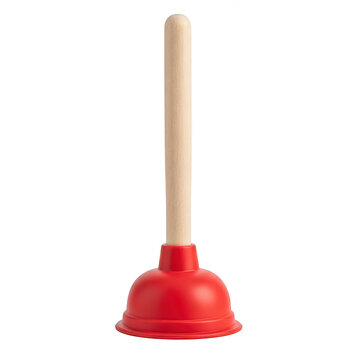 Red rubber sink plunger with a wooden handle isolated on transparent background
