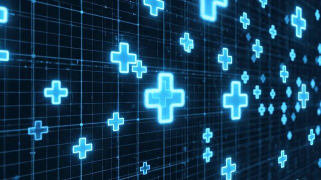 Digital blue plus signs floating through a futuristic grid during a seamless motion