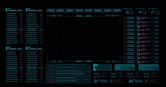 High-tech computer interface presents scanning data lists, numerical indicators and extraction coordinates around a blank central panel.