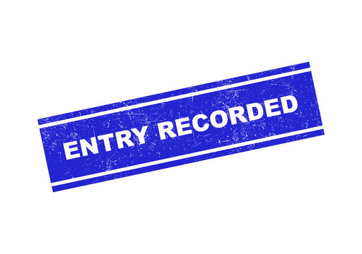 Blue grunge rubber stamp with the text entry recorded inside a rectangular frame design isolated on transparent background