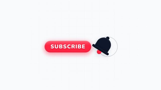 Red subscribe button and ringing notification bell animation on white background