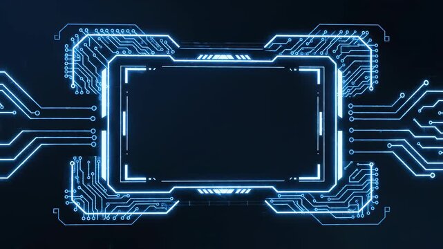 Digital circuit interface expanding with futuristic glowing elements on a dark background