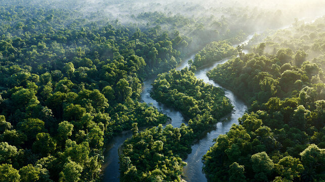 Aerial view of lush green Amazon rainforest with winding river at sunrise creating stunning natural landscape for environmental themes.