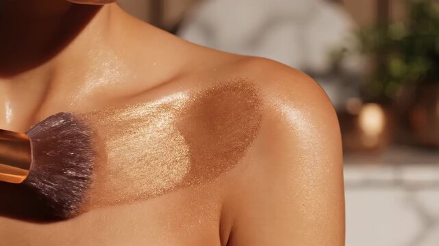 Makeup brush applying cosmetic body shimmer for an even sun-kissed complexion, creating a healthy radiant glow and summer tan enhancement during luxury beauty care video.