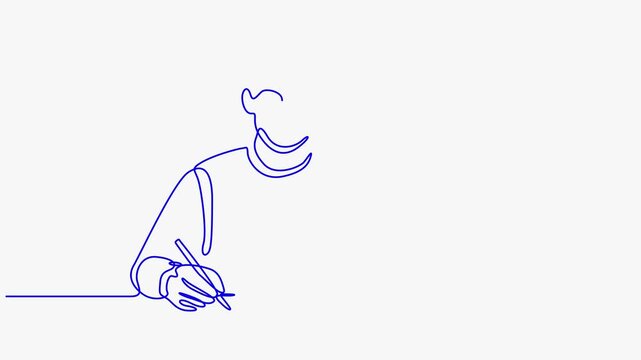 Continuous line art animation of a young man writing in a notebook next to laptop