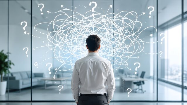 Businessman looking at complex tangled arrows and question marks in modern office concept for strategy and problem solving