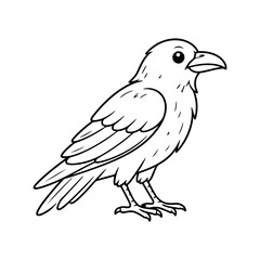 Obraz premium Black and white line art illustration of a crow bird standing in profile.