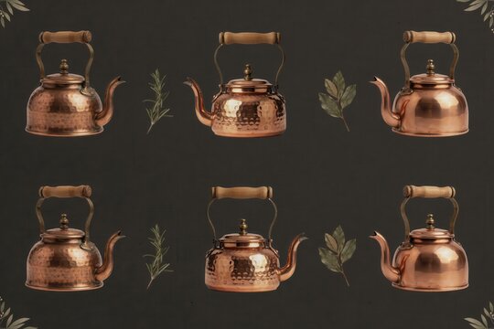 Repeating pattern of hammered copper tea kettles and green rosemary leaves arranged on a dark charcoal background, kitchenware