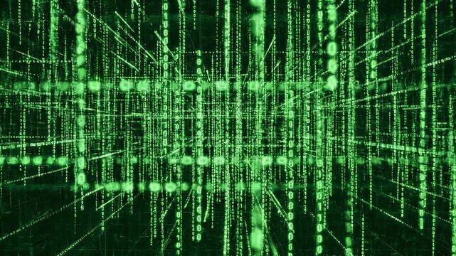 Digital data streams flowing in green neon matrix against a dark background conceptualizing technology and code