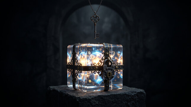 Glowing glass cube containing light bulb and celestial patterns locked with ornate metal mechanism floating above stone pedestal in darkness.