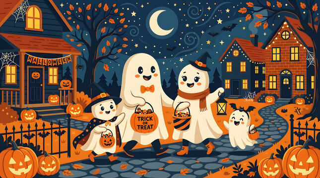 Whimsical halloween nighttime parade with friendly ghosts with festive trick treat buckets under starry sky glowing houses captures cheerful halloween