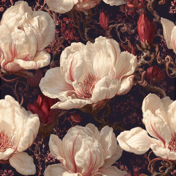 Soft cream magnolia flower pattern with deep red buds and twisting branches dark background, creating elegant and enchanting