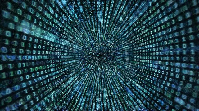 Digital data tunnel with glowing blue lines and numbers in a futuristic concept