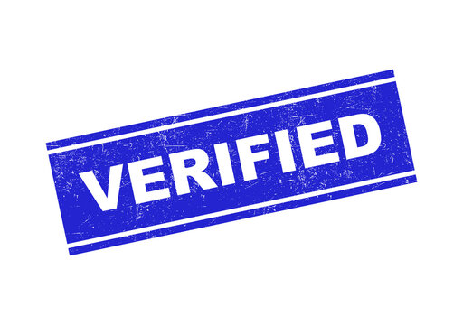 Blue verified rubber stamp icon with grunge texture for business document approval validation isolated on transparent background