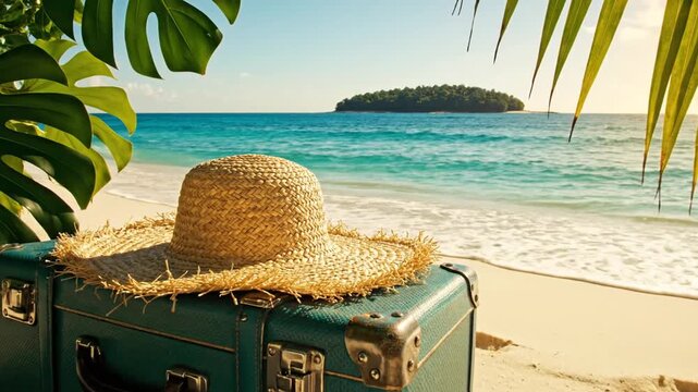 Vintage travel suitcase with straw hat on tropical beach